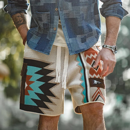 Navajo Totem Knitted Shorts Men's  Elastic Waist Casual Shorts with Corduroy Pocket Summer Beach Breathable Short Pants