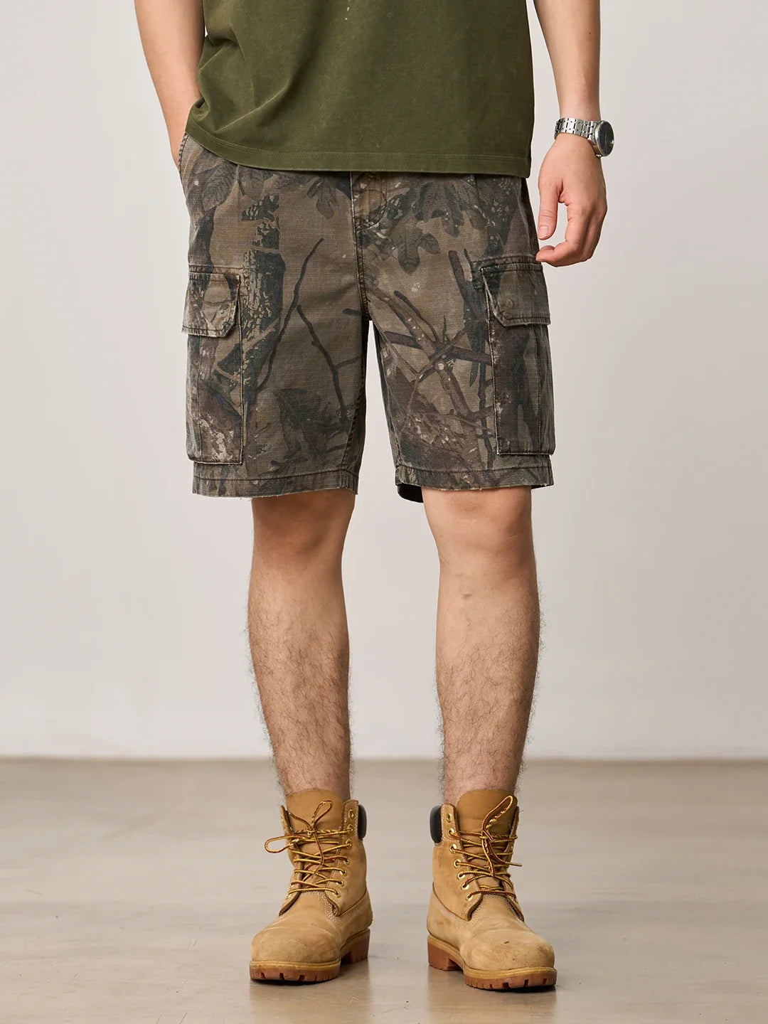 2026 Summer New Distressed Camouflage Shorts Men Loose Baggy Cargo Pants 270gsm Cotton Washed Frayed Hem Tactical Shorts
