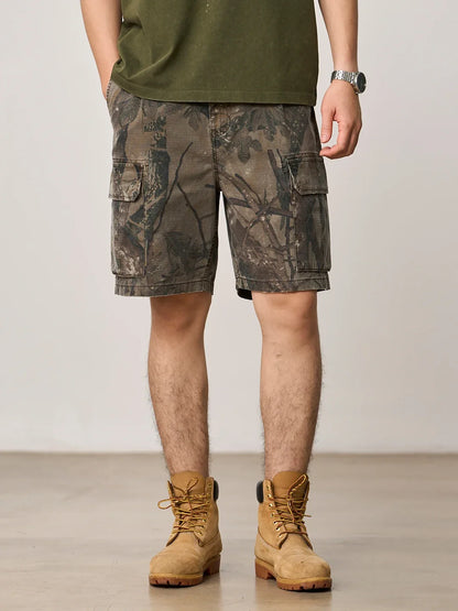 2026 Summer New Distressed Camouflage Shorts Men Loose Baggy Cargo Pants 270gsm Cotton Washed Frayed Hem Tactical Shorts
