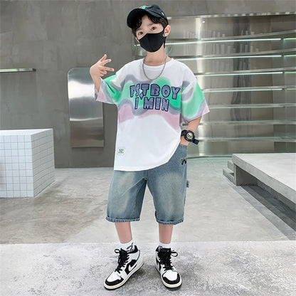 Summer Boy Denim Shorts and Top Clothes Set Outfit Kids Fashion 2-Piece Suit Korean Children Streetwear Tracksuit 5 6 7 9 10 14Y