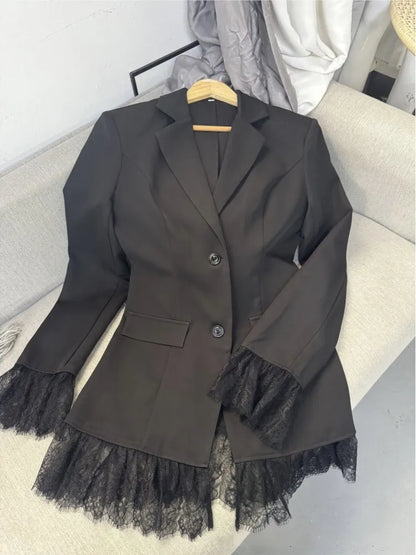 Elegant Lace Blazer Coat Women Fashion Office Lady Full Sleeve Single Breasted Jackets 2025 New Autumn Black Casual Slim Coats