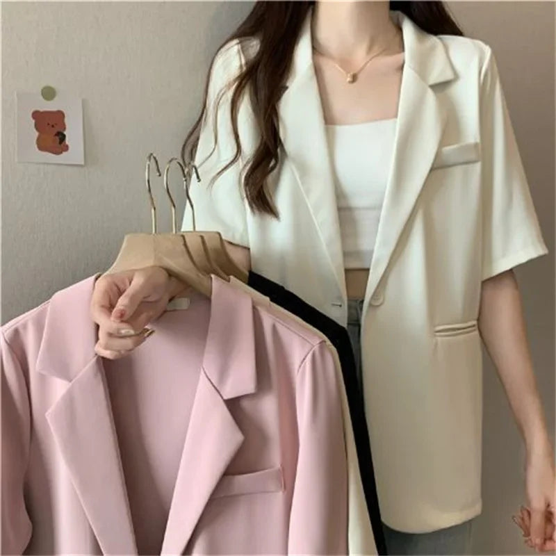 2026 Female Short Sleeved Suit Coat Women Summer Loose Fitting Solid Color Blazer Jacket Ladies Korean Leisure Tops Outerwear