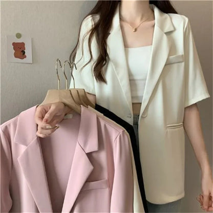2026 Female Short Sleeved Suit Coat Women Summer Loose Fitting Solid Color Blazer Jacket Ladies Korean Leisure Tops Outerwear