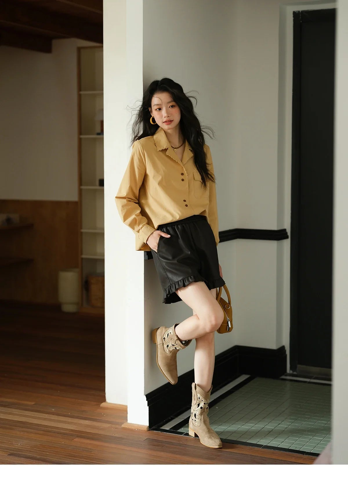 Women's Retro Yellow Lapel Cotton Shirt 2025 Autumn Loose Casual Top Contrasting Button with Pocket Shirts MXE41C2356
