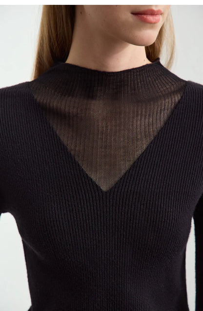 Minimalist Women's Turtleneck Slim Sweater 2025 Autumn Collection Sheer Panel Versatile Elegant Base Layer Top 12444241