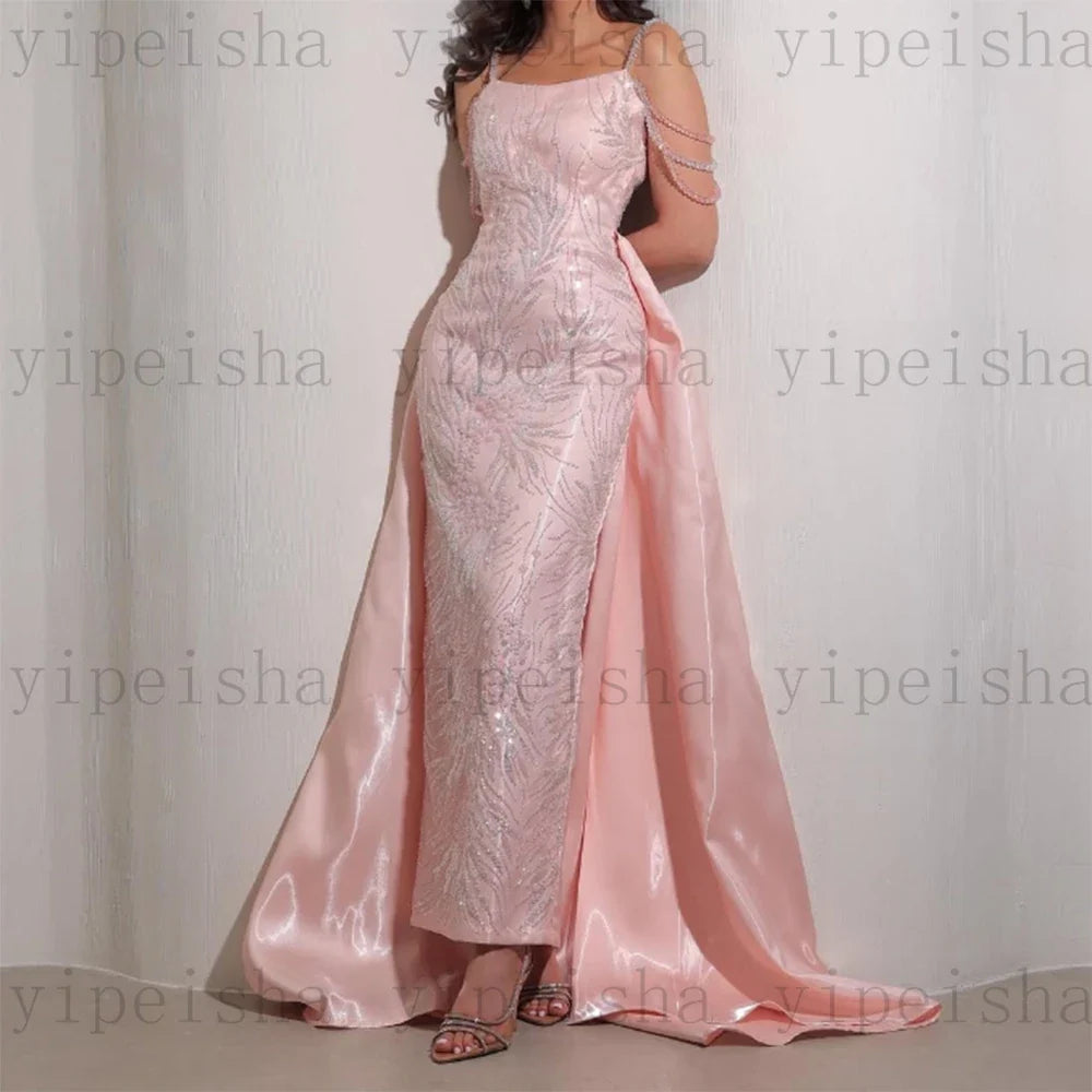 Customized square collar Formal Evening Dresses Beading Sequined Lace Appliques Long Prom Gown detachable Train Party Dress