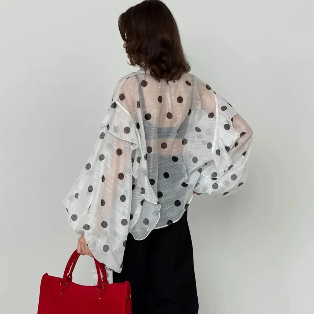 Ticketsx Polka Dot Ruffled Shirts Fashion Contrast Lace Up See Through Button Blouse Top Elegant Party High Street Women Shirt