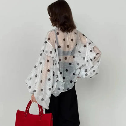 Ticketsx Polka Dot Ruffled Shirts Fashion Contrast Lace Up See Through Button Blouse Top Elegant Party High Street Women Shirt