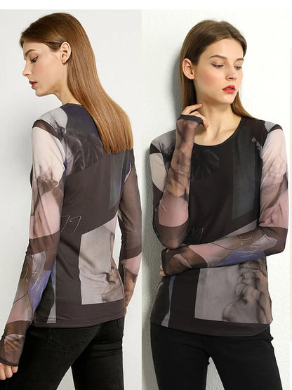 Minimalism Long sleeve T-shirts for Women 2025 Autumn New Bottoming Shirt Mesh Printing Inside Slim Trendy Tops 12421003
