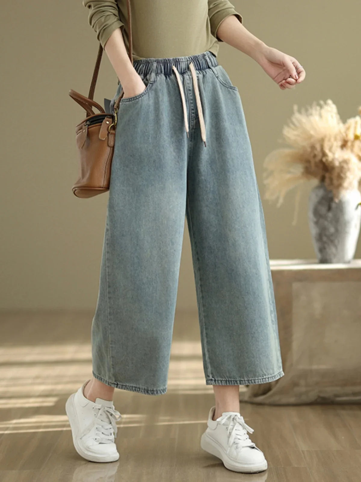 Artistic Wide Leg Denim Jeans Women's Loose Fit Nine-Piece Vintage Slim Straight Cut Trousers Spring Faion Elastic Waist