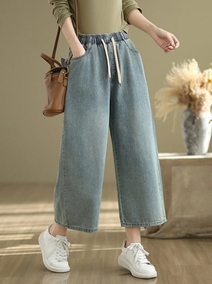 Artistic Wide Leg Denim Jeans Women's Loose Fit Nine-Piece Vintage Slim Straight Cut Trousers Spring Faion Elastic Waist