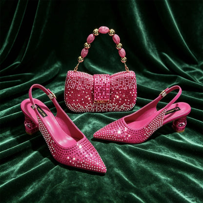 2026 Venus Chan INS Italian Design Women's Crystal Wedding Heels and Handbag Set Peach Color Pointed Toe Party Bridal Footwear