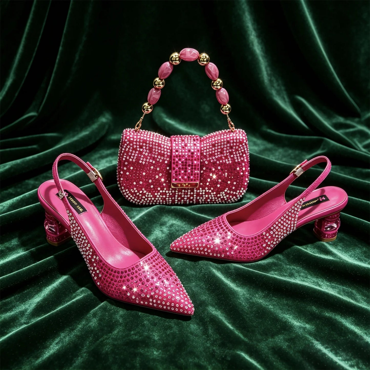 Purple Rhinestone Shoe and Bag Set Women Pointed Toe Slingback Block Heels Matching Purse for Wedding Party Evening Prom