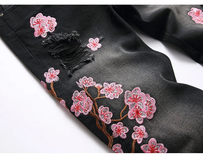 Men Sakura Embroidery Denim Jeans Streetwear Boot Cut Pants Released Hem Flared Trousers with Ripped And Cherry Blossom Design