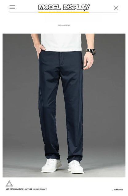 Spring Summer New Men's Casual Pants Thin Mulberry Silk Soft Business Casual Trousers Slim Straight Elastic Suit Pants Male