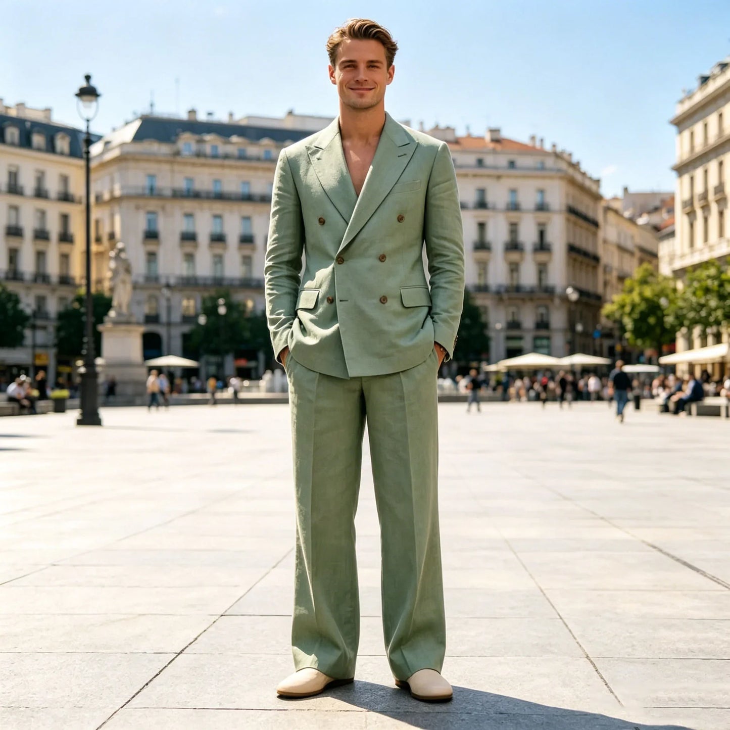 Men‘s Sage Green Linen Suit 2 Piece Double Breasted Peak Lapel Blazer Straight Leg Pants Casual Set For summer wedding Groom New