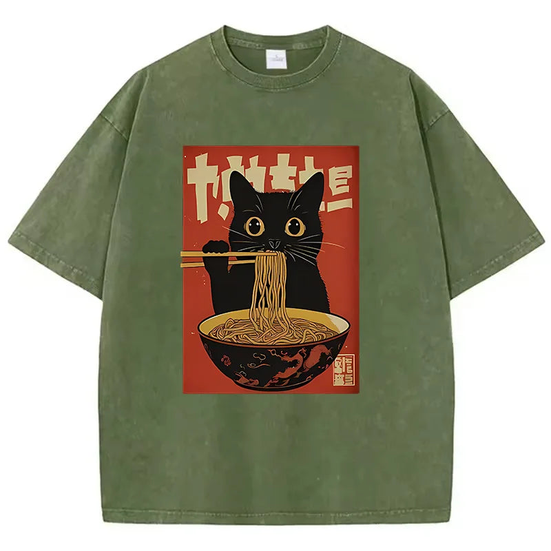 T Shirt Vintage Washed 100% Cotton T-Shirt Black Retro Cat Eating Ramen Graphic Tee Casual Streetwear for Spring Summer Fall