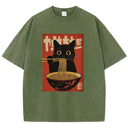 T Shirt Vintage Washed 100% Cotton T-Shirt Black Retro Cat Eating Ramen Graphic Tee Casual Streetwear for Spring Summer Fall