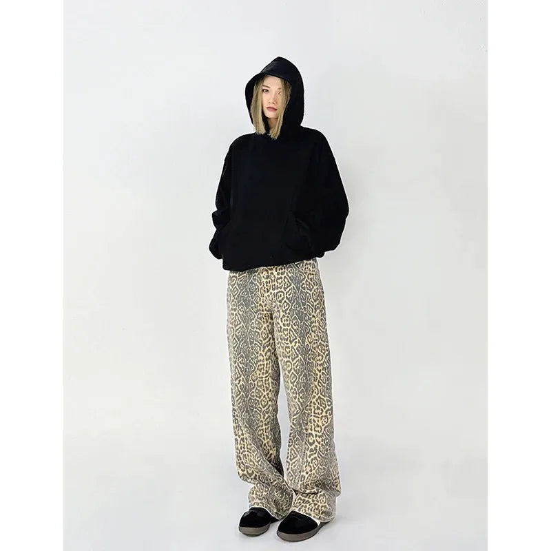 Vintage Leopard Print Jeans Women Spring Oversize Casual Hip Pop Wide Leg Trouser Trend High Waist Panther Denim Pants Ladies