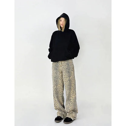 Vintage Leopard Print Jeans Women Spring Oversize Casual Hip Pop Wide Leg Trouser Trend High Waist Panther Denim Pants Ladies