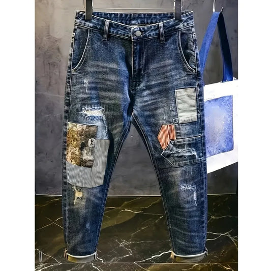 Retro Spliced jeans Men's Trendy Brand Ripped Bear Patch Loose Classic Man Pants Rhinestones Denims Tears Streetwear for Man