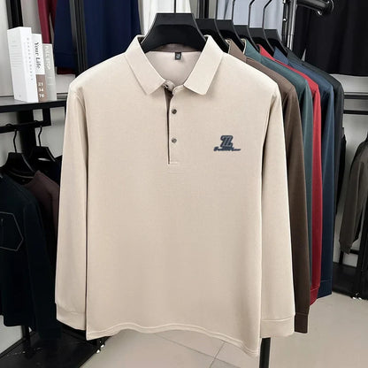 Men's High End Brand Print Solid Color Lapel Polo Shirt Autumn New Skin Friendly Long Sleeved T-shirt Fashion Versatile Menswear