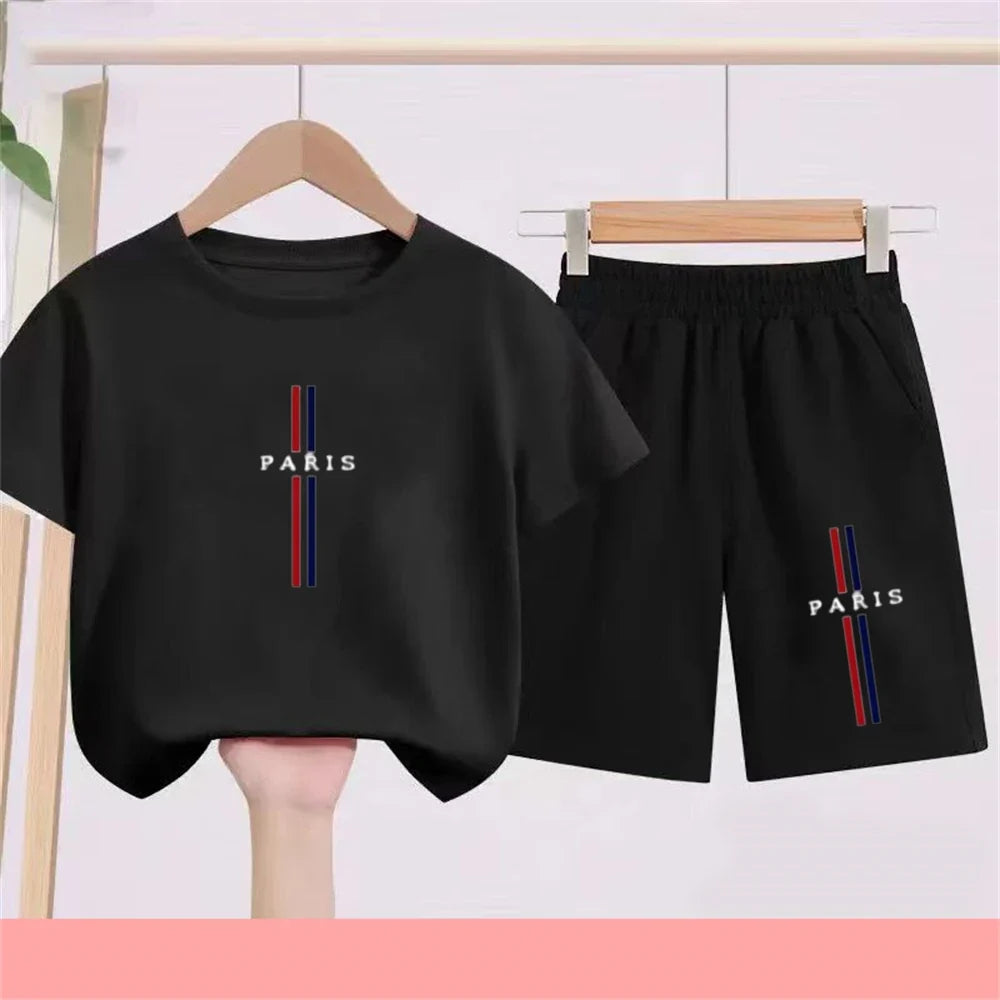 Summer Short Sleeve Children Age 3-12 Girls Boy Set White Black Tshirt+Shorts 2pcs Leisure Kids PARIS Brand Print Set