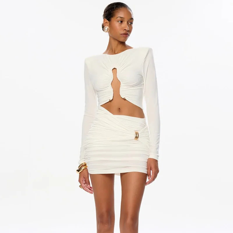 Solid Dresses For Women Fashion Sexy Club Long Sleeves Hollow Out O-Neck Hip Wrap Sheath Mini Vestidos Robes Female Streetwear