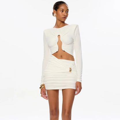 Solid Dresses For Women Fashion Sexy Club Long Sleeves Hollow Out O-Neck Hip Wrap Sheath Mini Vestidos Robes Female Streetwear