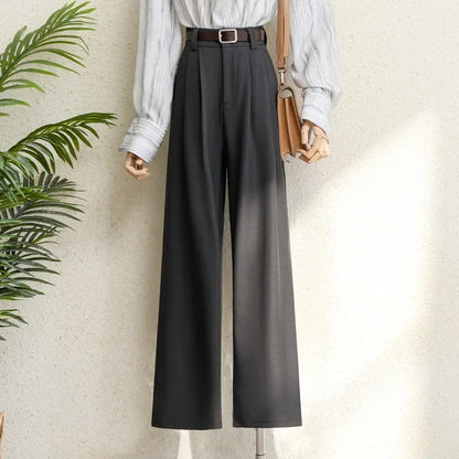 2026 New Burgundy Suits Pants for Women Office Lady Elegant High Waist Wide Leg Fashion Trousers with Pockets Black Gray