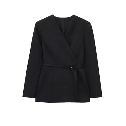 Women's Chic V-Neck Blazer Coat with Belt Long Sleeve Snap-Button Fashion Outerwear Top