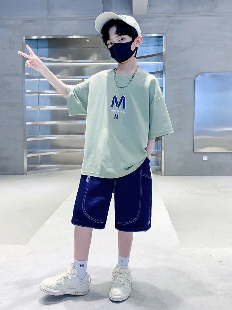 Summer Boys Cotton Leisure Loose Alphabet T-Shirt Top+Jeans Shorts Contrast Set School Kid 2PCS Tracksuit Children Outfit 5-16Yr