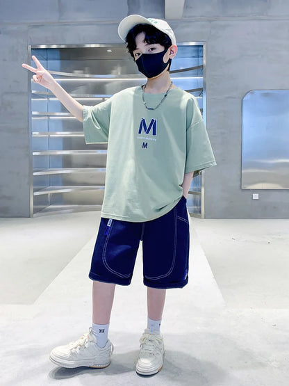 Summer Boys Cotton Leisure Loose Alphabet T-Shirt Top+Jeans Shorts Contrast Set School Kid 2PCS Tracksuit Children Outfit 5-16Yr