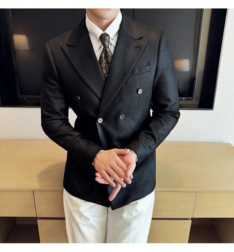 High Quality Men Double Breasted Blazer Suede Gilded Twill Slim Fit Business Social Formal Suit Jacket Tailcoats Men Clothes