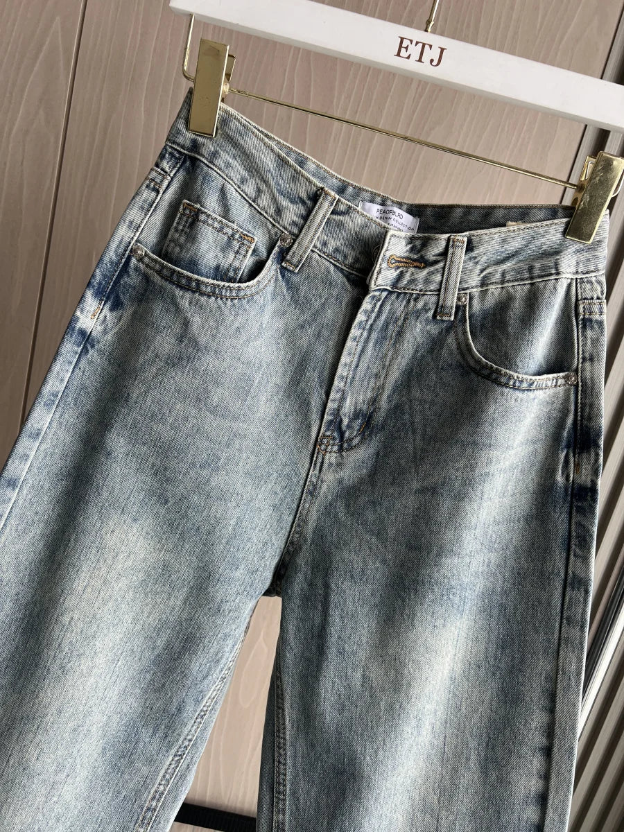 Wide-leg high-waisted jeans  women's classic everything with five pockets washed soft comfortable ultra-long jeans6045022