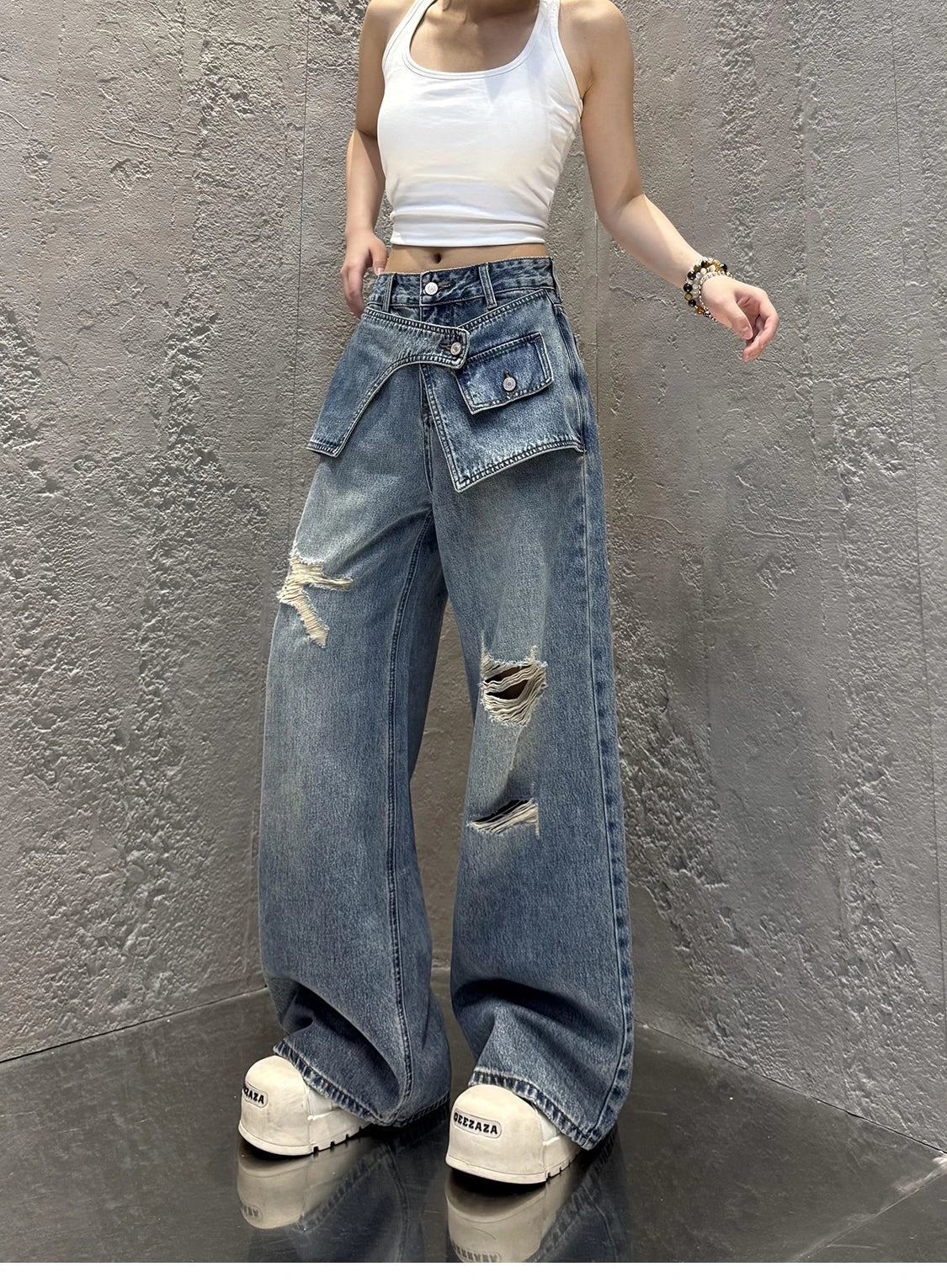 Streetwear Harajuku Jeans for Women Pantalones Vaqueros Mujer Chic Fake Two Denim Trousers Casual Straight Y2k Wide Leg Pants