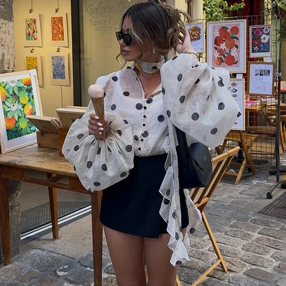 Ticketsx Polka Dot Ruffled Shirts Fashion Contrast Lace Up See Through Button Blouse Top Elegant Party High Street Women Shirt