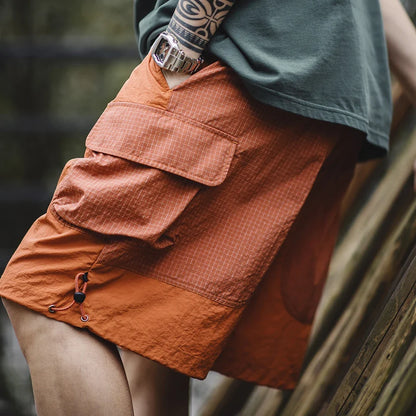 Summer Men Straight Shorts Orange Patchwork Gingham Loose Beach Pants Plus Size Shorts Elastic Waist Light Breathable