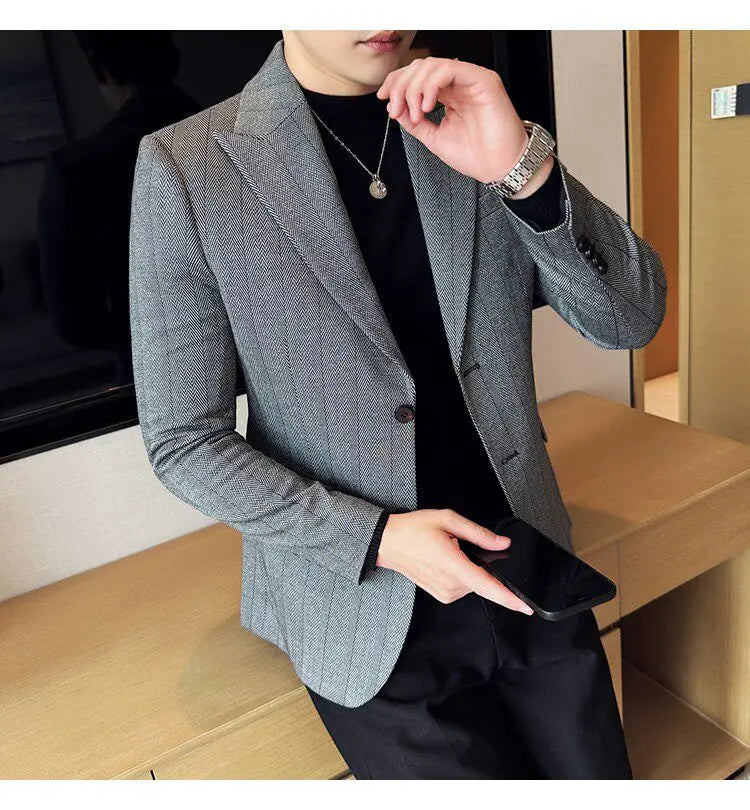 Men's Herringbone Stripe Suit Blazer Classic Lapel Dress Jacket Elegant Slim Fit Fashion Simple Casual Business Prom Suit Jacket
