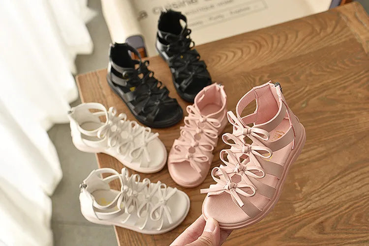 Gladiator Children Sandals for Girls 2025 Breathable Summer Girl Roman Shoes Boots Black Pink Beige Party Student Sandal I06095