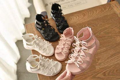 Gladiator Children Sandals for Girls 2025 Breathable Summer Girl Roman Shoes Boots Black Pink Beige Party Student Sandal I06095
