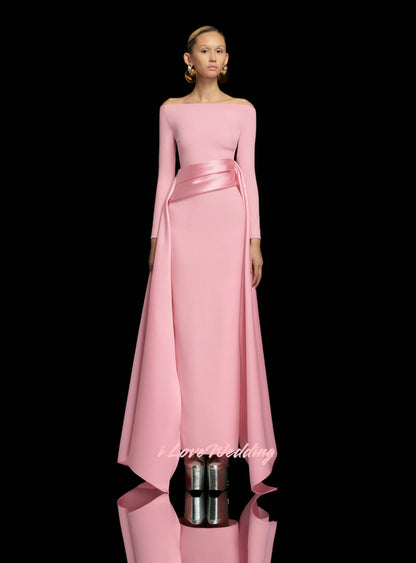 Purple Off Shoulder Evening Dresses 2025 Satin Long Sleeve Mermaid Pleated Floor-Length Elegant Wedding Party Dresses Customized
