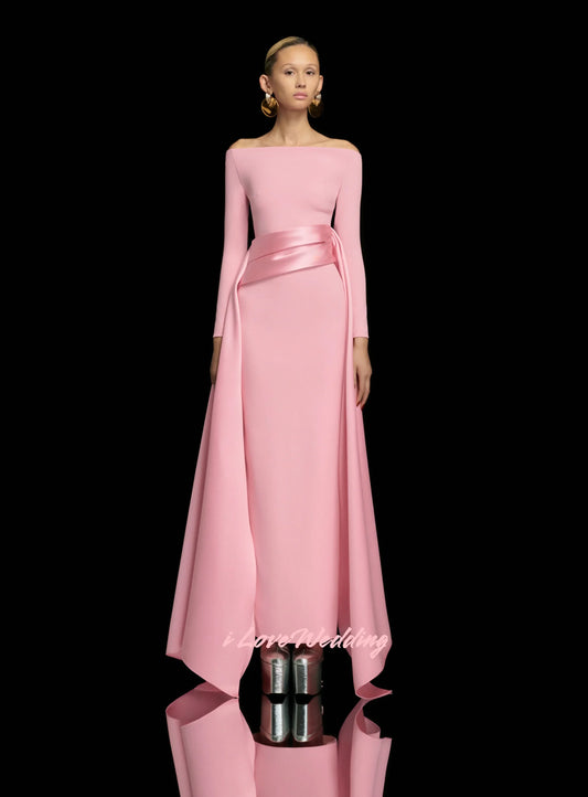 Purple Off Shoulder Evening Dresses 2025 Satin Long Sleeve Mermaid Pleated Floor-Length Elegant Wedding Party Dresses Customized