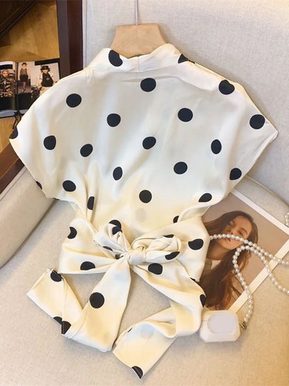 Sexy Cropped Dot Shirt Women Vintage Slim V Neck Short Sleeve Design Blouse French Retro Casual Bow Lace Up Summer Elegant Tops