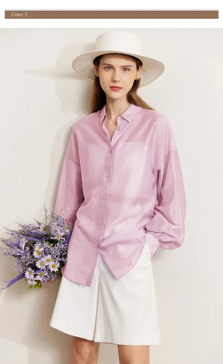 Minimalist Blouse for Women 2023 Autumn Lantern Sleeve V-Neck Slightly Transparent Elegant Commuter Clothing Tops 72341030