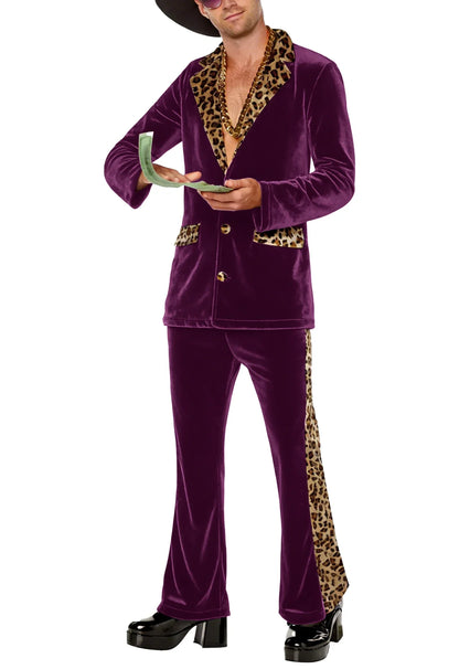 Luxury Men's Velvet Suit Notch Lapel Jacket Leopard Print Patchwork Trim Wide Leg Flare Trousers Tuxedo Cosplay Prom Event
