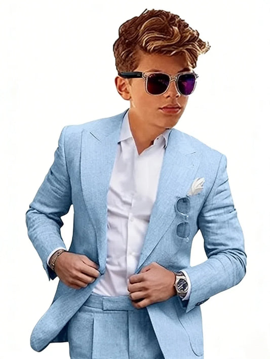 Summer Linen Boys Suits 2 Pieces Jacket Pants Wedding Ring Bearer Outfit Handsome Peak Lapel Kids Suit Set Birthday Party Outfit