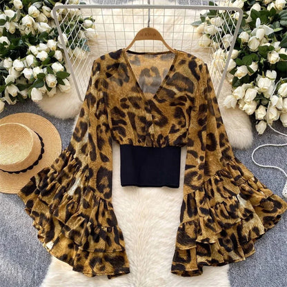 Summer Top Shirt for Women Design Sense Chiffon Polka Dot Sexy V-neck Lotus Leaf Long Sleeved Short Waist Slim Sunscreen Coat