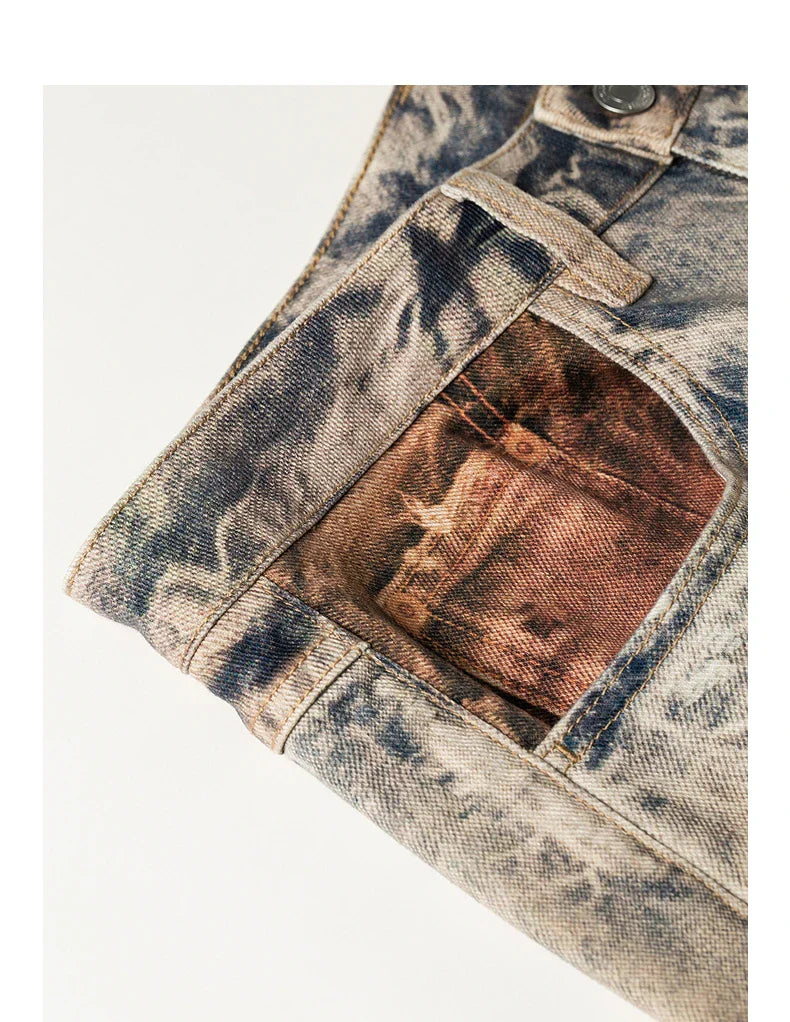 Women Jeans 2026 Spring New Wilderness Wasteland Style Mid Low Waist Loose Printed Wide Leg Pants