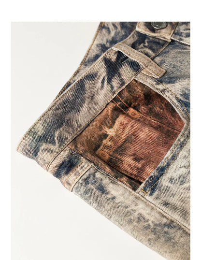 Women Jeans 2026 Spring New Wilderness Wasteland Style Mid Low Waist Loose Printed Wide Leg Pants
